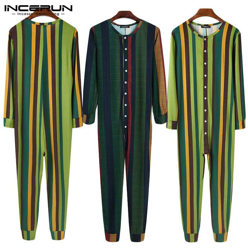 Incerun macacão masculino de manga longa, pijama confortável para homens, roupa de dormir, cor sólida, com botão