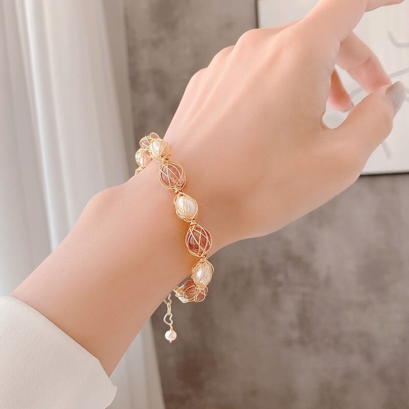 Pulsera de perlas naturales de agua dulce para mujer, brazalete de oro de 14k, hecho a mano con piedra Natural, ajustable