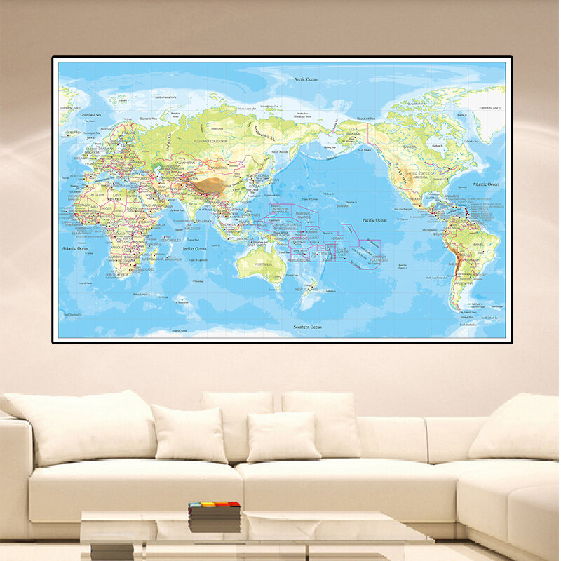 225*150 cm The World Orographic Map Non-woven Canvas Painting Vintage Wall Art Poster Home Decoration School Supplies In English