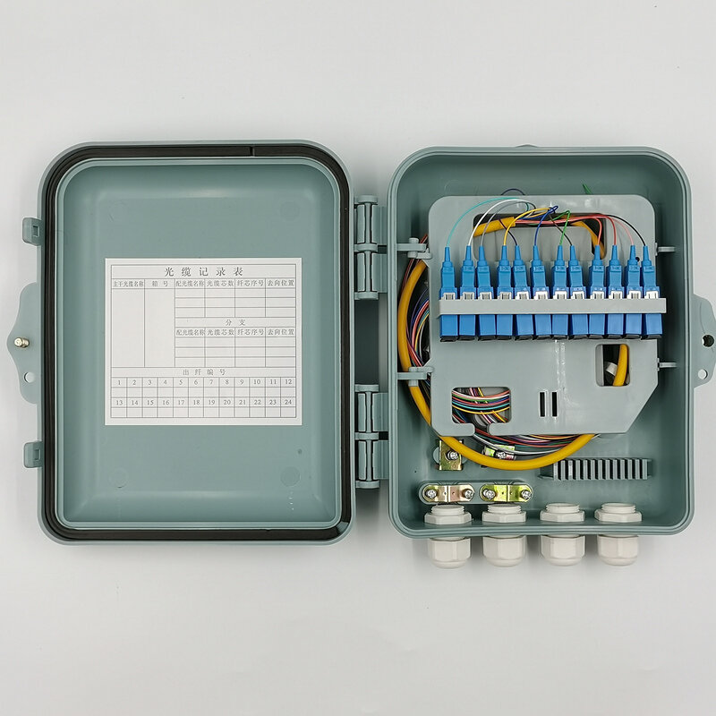 Caixa de distribuição de fibra óptica ftth plc, 12 core, caixa de terminal de fibra com rabo de porco para distribuição ao ar livre
