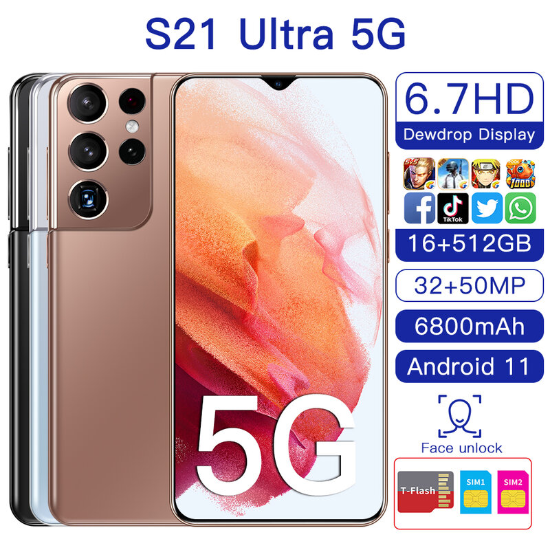 Vendita calda S21 versione Ultra globale Smartphone 16GB 512GB SIM Card 6800mAh Face Fingerprint sblocca 32MP 50MP Camera Android11