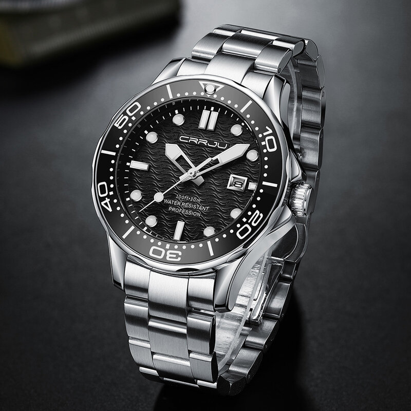 CRRJU – montre de sport pour hommes, mouvement japonais de luxe, montre-bracelet à Quartz en acier inoxydable, mode Date, horloge masculine