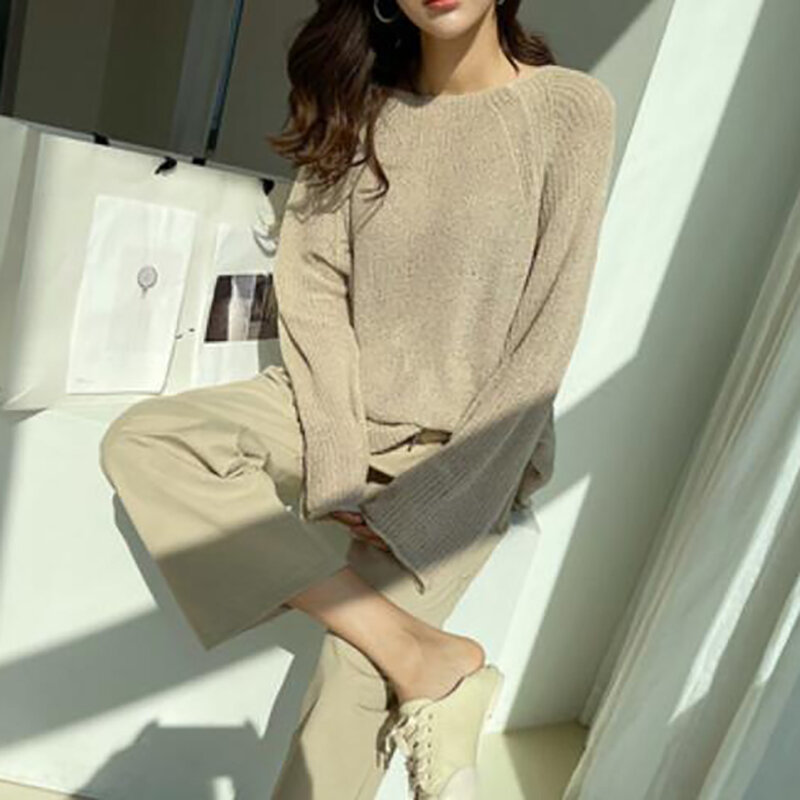 Осенний вязаный свитер с длинным рукавом, корейский однотонный Свободный пуловер с круглым вырезом, повседневная женская одежда, уличные ж...