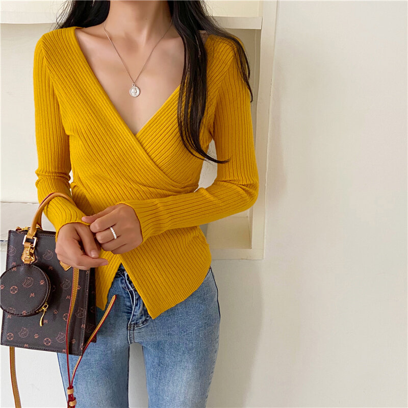 CMAZ Autumn Women's Knitted Sweater Button Up Cardigan Slit Tops Long Sleeve Casual Slim Coats Outwear Women Knitwear 120#