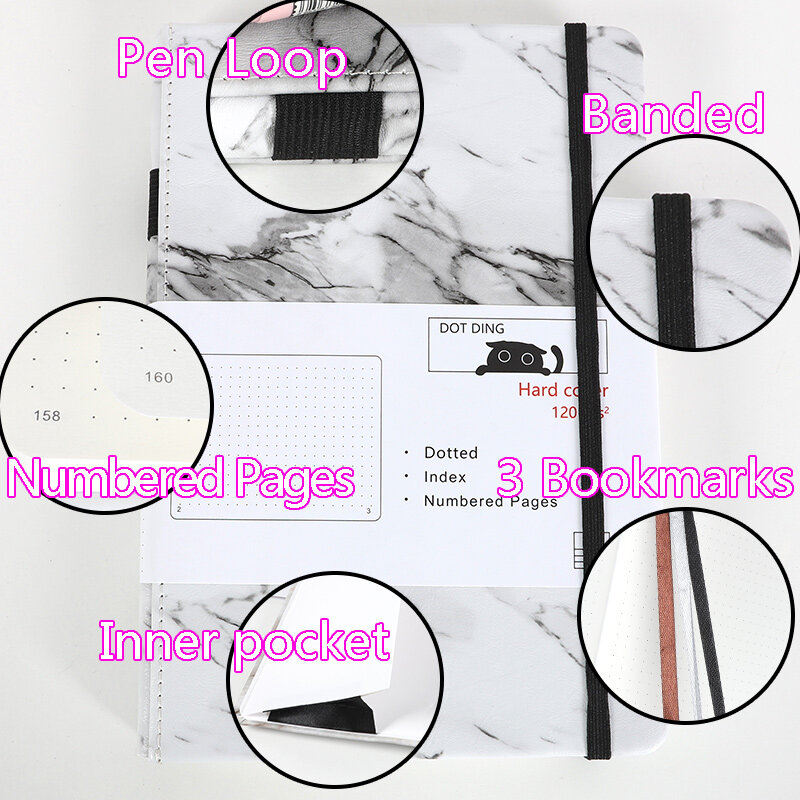 Bullet Dotted A5 Notebook with Page Number Marbling Cover Acid Free Paper 120GSM Planner Office Journal Supplies Stationery