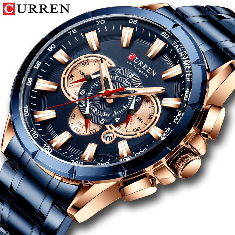 CURREN — Montre-bracelet à quartz de luxe pour homme, accessoire de sport, avec chronographe, en acier inoxydable, style business