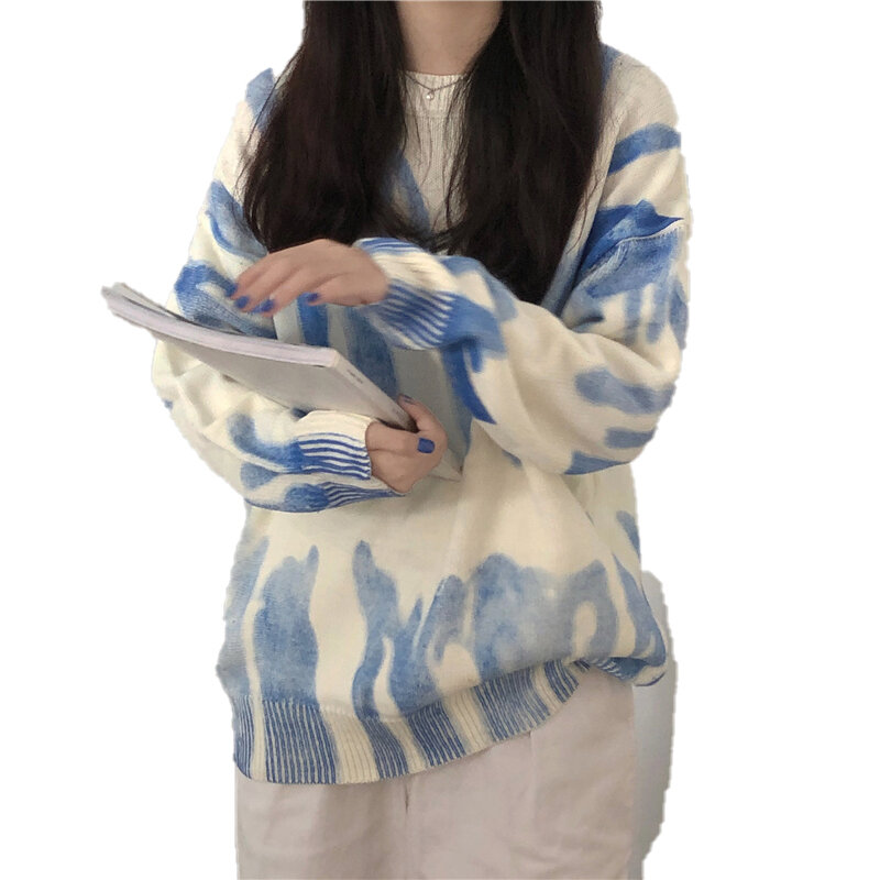 2021 가을과 겨울 게으른 복고풍 o 목 스프레이 염료 인쇄-긴팔 느슨한 두꺼운 니트 스웨터 싱글 재킷 코트