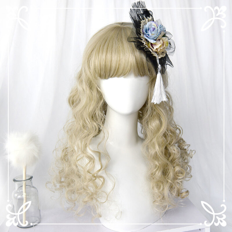 Cosplaymix 55cm lolita doce menina ouro rosa longo cabelo encaracolado franja resistente ao calor festa de halloween peruca cosplay sintético + boné