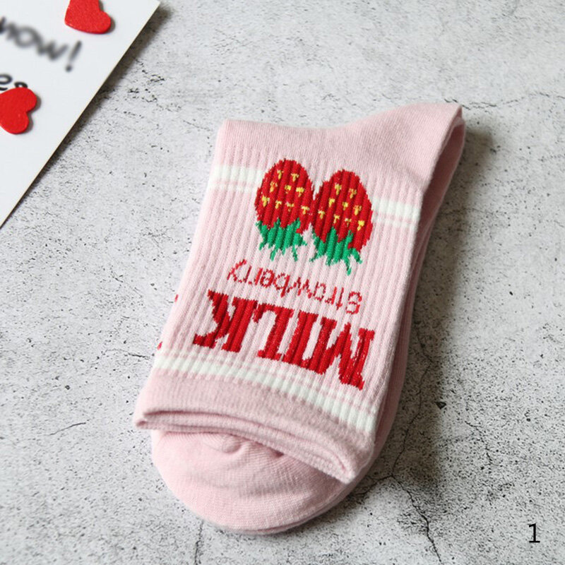 Calcetines de algodón para mujer, medias divertidas, con letras, fruta dulce, fresa, leche, Pinky, blanco, Harajuku