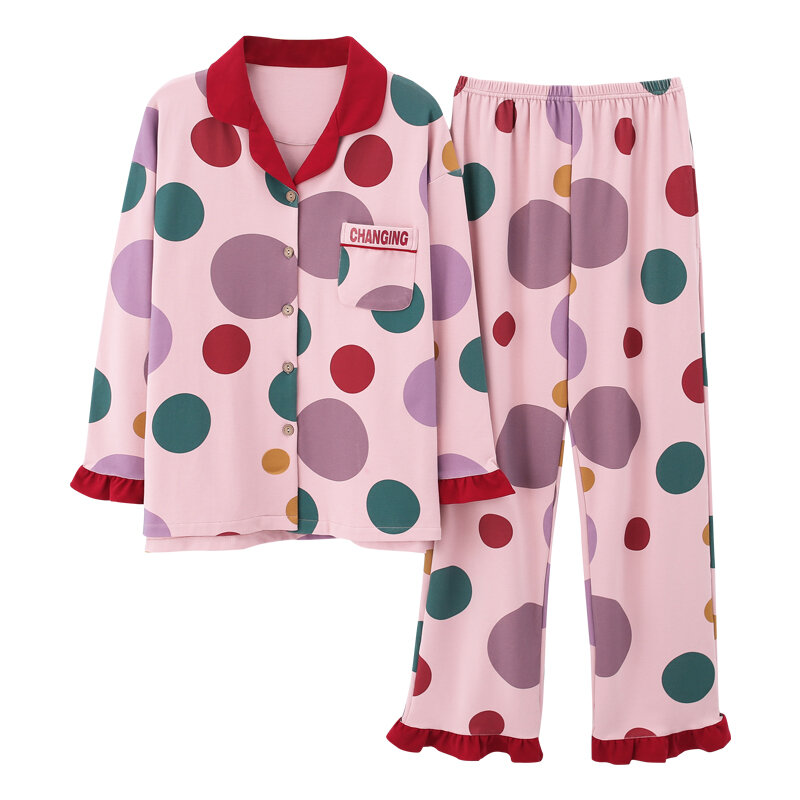 Pijamas femininos de verão, finos, manga longa, algodão puro, roupas de duas peças, primavera e outono, casaco condicionado de quarto, roupa de exterior fofa