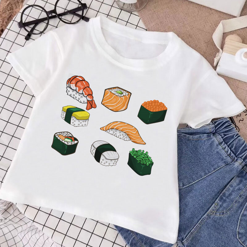 일본 디자인 물고기 캐주얼 아기 소녀 탑 만화 스시 플래터 재미 있은 인쇄 유아 셔츠 패션 소년 T 셔츠 하라주쿠 귀여운