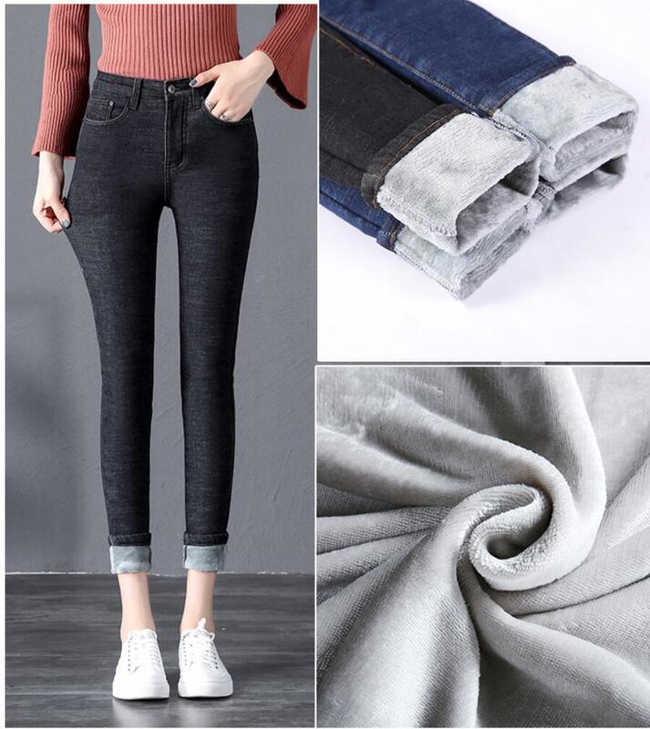 Mulheres Calças De Brim de Inverno Nova Chegada de Cintura Alta Estiramento lápis Slim Fit Calças Justas das Mulheres Engrossar Fleece Forrado Pant Quente jeans Trous