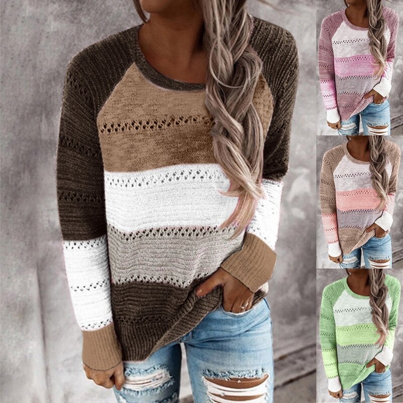 Женский свитер с длинным рукавом реглан 2020, лоскутный Полосатый пуловер с круглым вырезом и цветными вставками, топы, Повседневная Свободна...