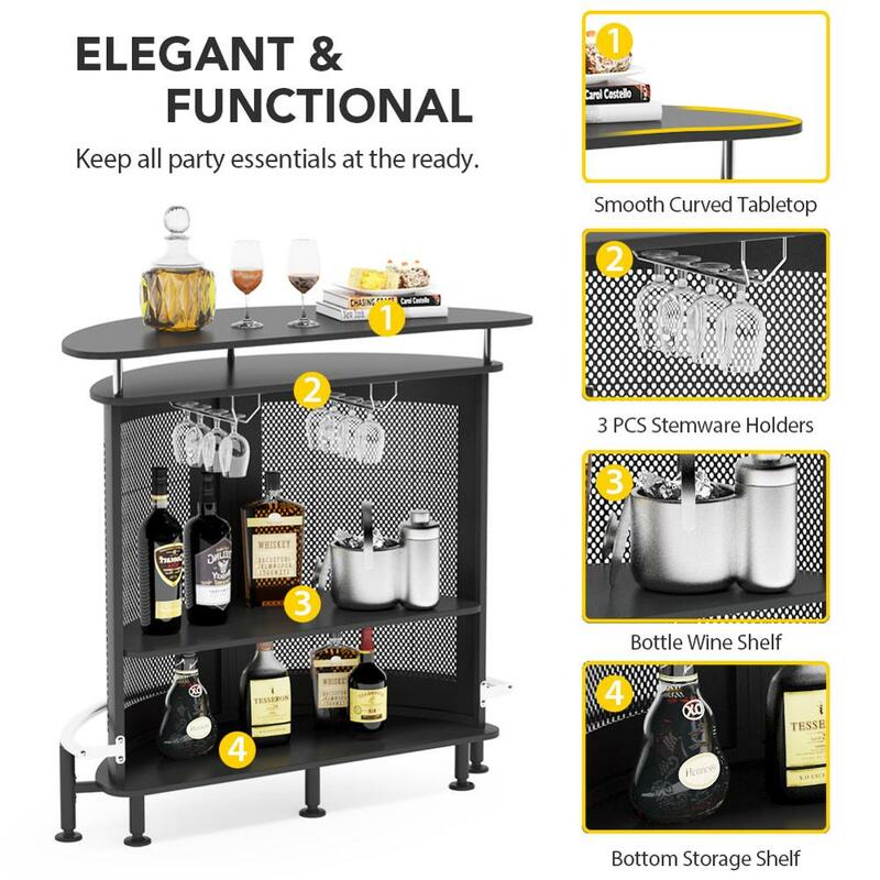 Tribesigns-Unidad de barra con malla de Metal frontal, mesa de Bar de licor para el hogar con almacenamiento y reposapiés, color negro