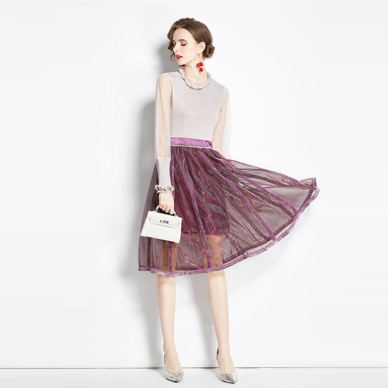 Conjunto de vestido elegante para mujer, conjunto de dos piezas de manga larga de seda brillante con cuentas y falda Midi de malla, moda de otoño, M69846