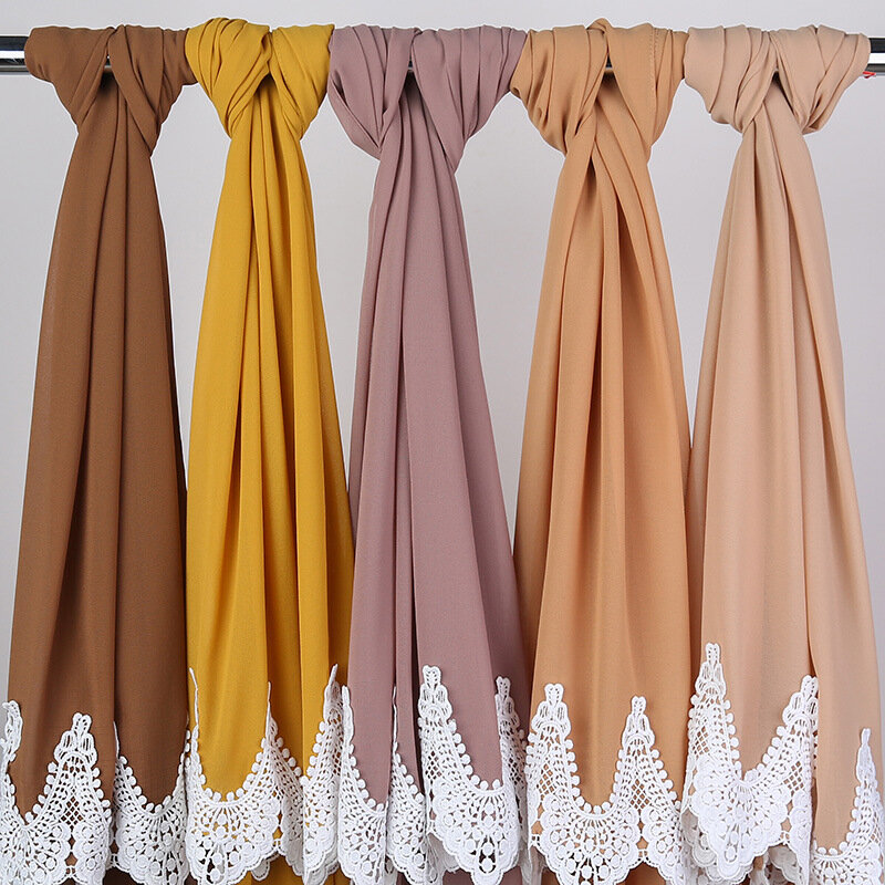 2021 Pearl Chiffon Headscarf บาทแฟชั่นเย็บลูกไม้ลูกไม้ผ้าพันคอผ้าพันคอสำหรับสุภาพสตรีหน้ากากแฟชั่น Hijab ผ้าพ...
