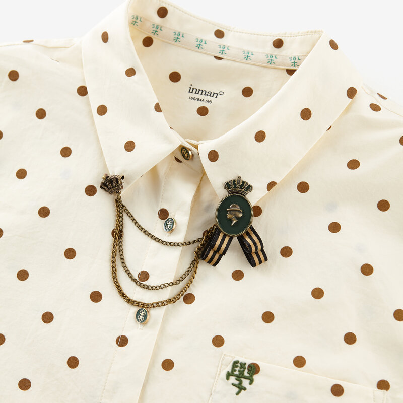 INMAN-Blusa de manga larga con estampado de lunares para mujer, Camisa de algodón puro con cadena informal, diseño de adorno, primavera y otoño