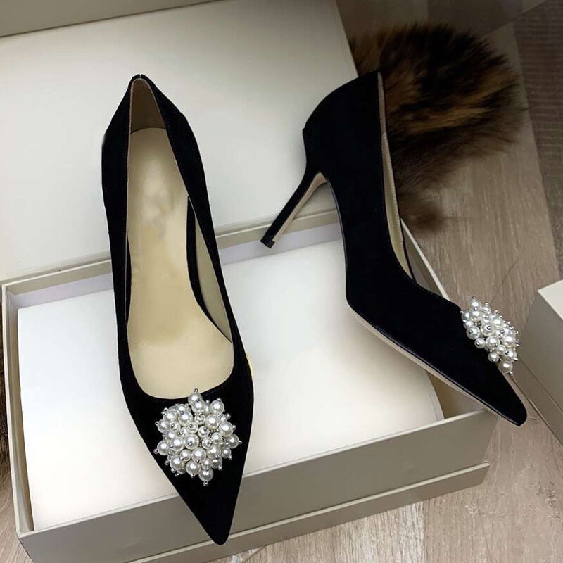 Kmeioo frühling elegante schuhe frau spitz high heels perle kleid pumpen für braut stiletto flache slip-on thin heels