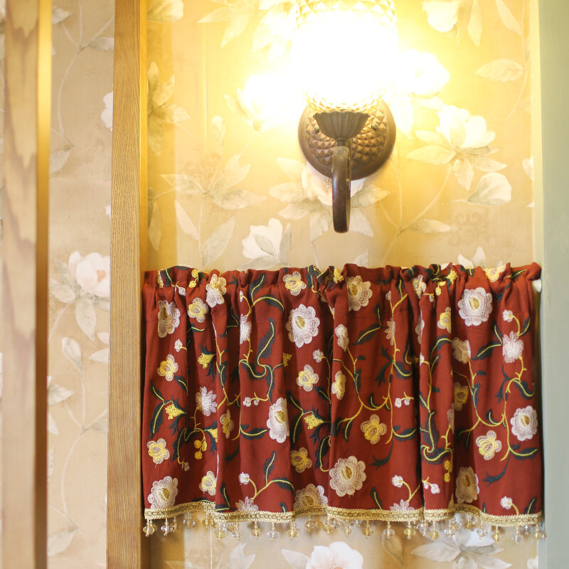 DUNXDECO-cortina corta para puerta de cocina, Cortinas de Estilo Vintage campestre, tela roja, bordado de Flora, decoración del hogar