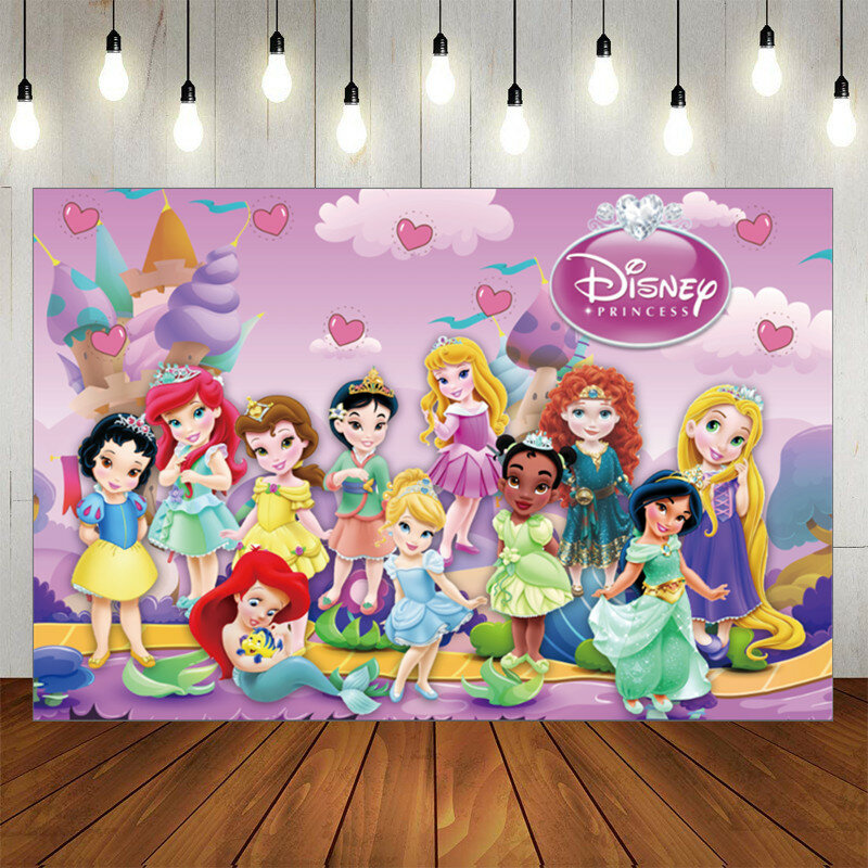 Disney Princess Party ฉากหลังตกแต่งพื้นหลังการถ่ายภาพไวนิลถ่ายภาพฉากหลังสำหรับสาววันเกิด Party Supplies