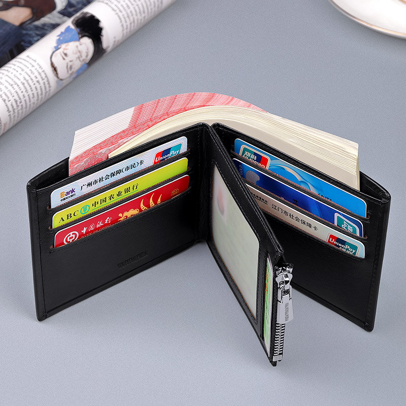 RFID-cartera plegable de cuero genuino para hombre, monedero de diseño informal de lujo, tarjetero de moda, bolsillo para monedas