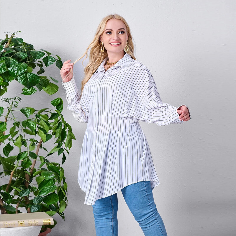 WXL Plus rozmiar bluzka w za dużym rozmiarze kobiet 2021 wiosna/jesień paskiem z długim rękawem koszula luźne dorywczo mody bluzki damskie