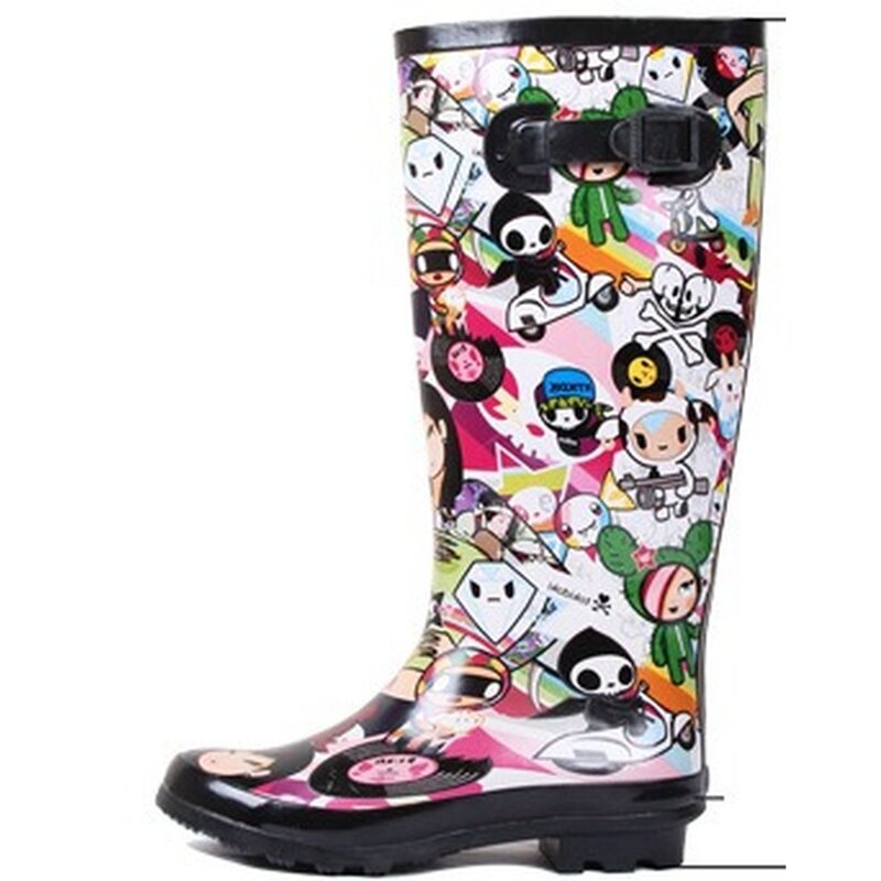 Botas de lluvia altas para mujer, zapatos impermeables antideslizantes con dibujos animados, de goma, informales, a la moda
