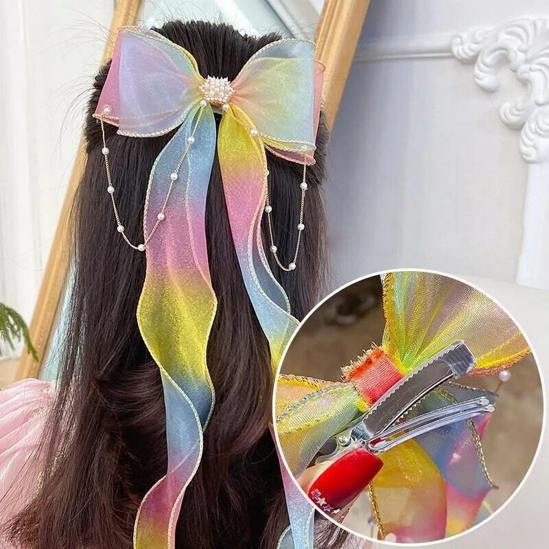 蝶ネクタイで編んだ子供のためのかわいい髪のための長いリボン,ヘアピン,女の子のためのヘアアクセサリー