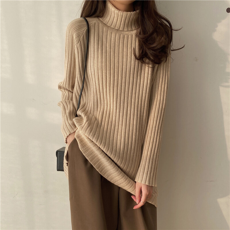 Suéter grueso de cuello alto para mujer, ropa de abrigo de punto ajustada holgada para estudiantes, suéter de cuello alto Harajuku 2021