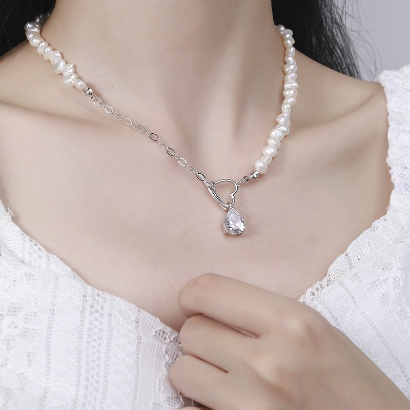 Silverology-collar de plata de ley 925 con perlas naturales y forma de corazón para mujer, collar de lujo con forma de gota de agua de circón, joyería de cumpleaños