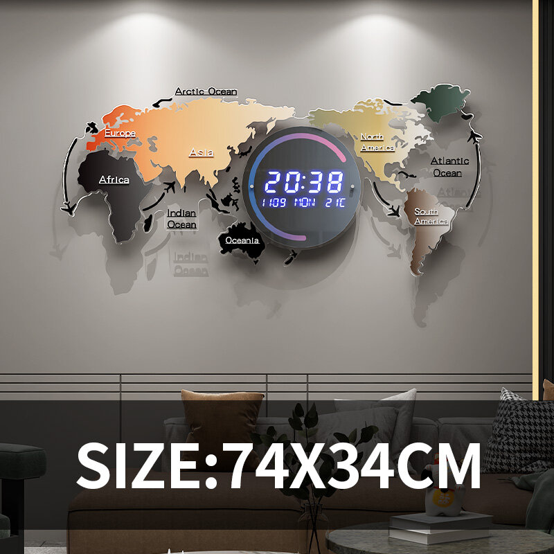 MEISD Electronic World Map Digital Wall Clock Large Decorative Smart Watches with Calendar Thermometer Home Decor Blue Horloge F