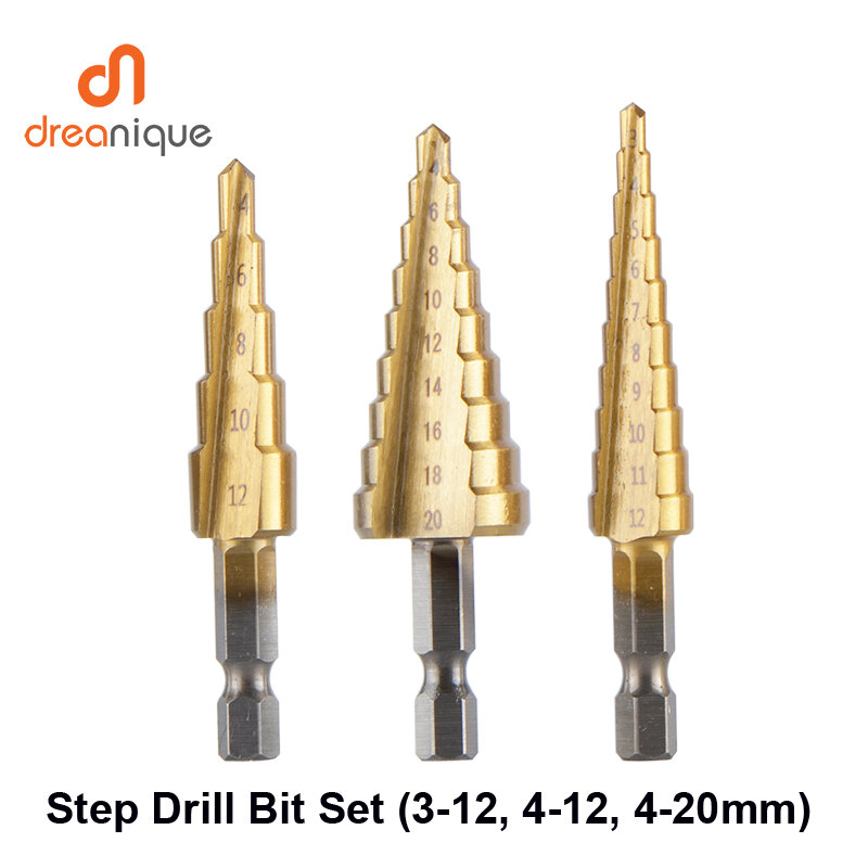 Dreanique – jeu de forets étagés en acier HSS 4241, 3-12mm, 4-12mm, 4-20mm, à rainure droite, en titane