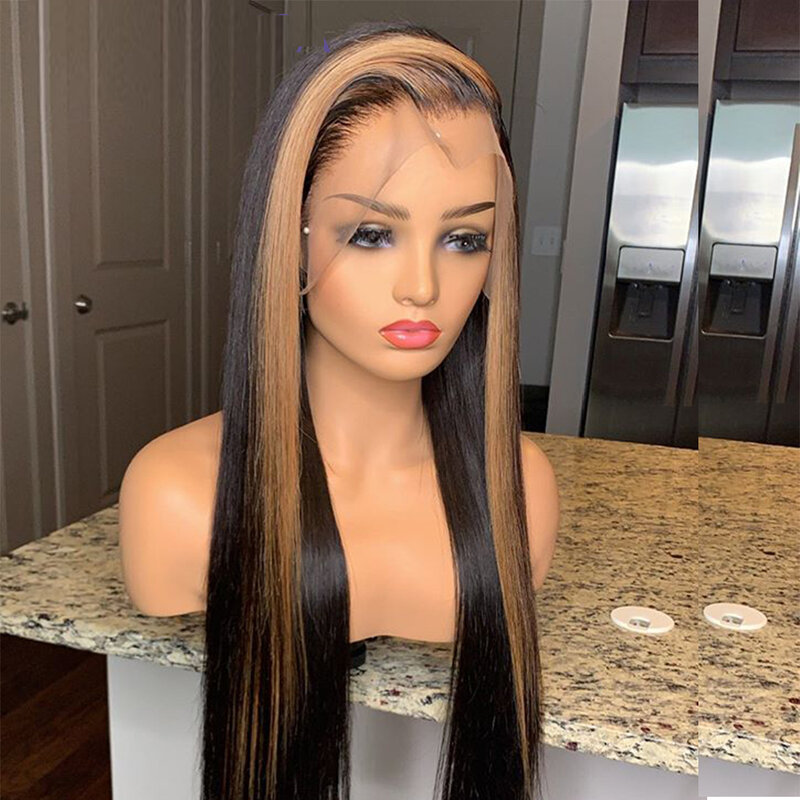 Remy Ombre Silky Straight Jet Black HighLight 13x6 Lace Font Wig For Black Women Long Pre-Plucked Glueless Wigs For Black Women