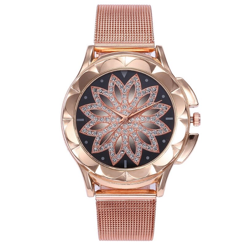 Подарочные ювелирные изделия, кварцевые часы в форме цветка с сетчатым браслетом из сплава