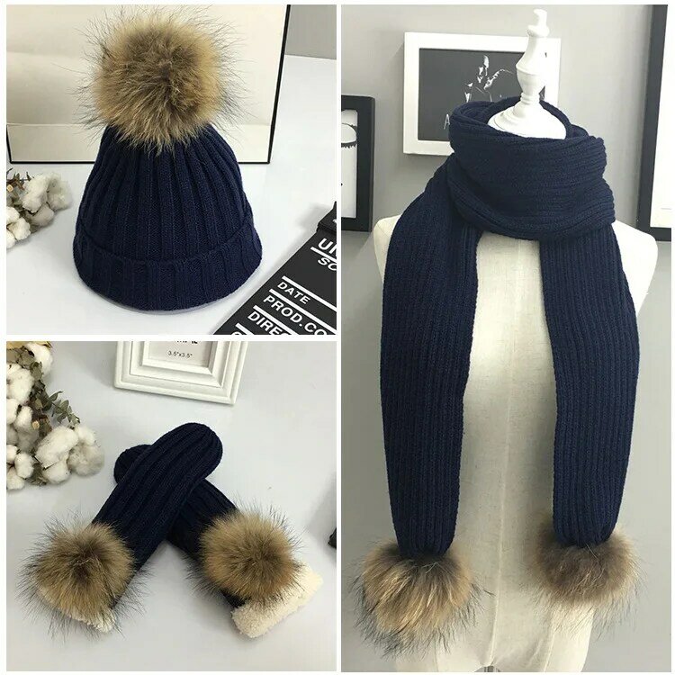 European and American knitted scarf hat gloves Christmas three-piece suit raccoon fur ball Christmas scarf hat gloves for women