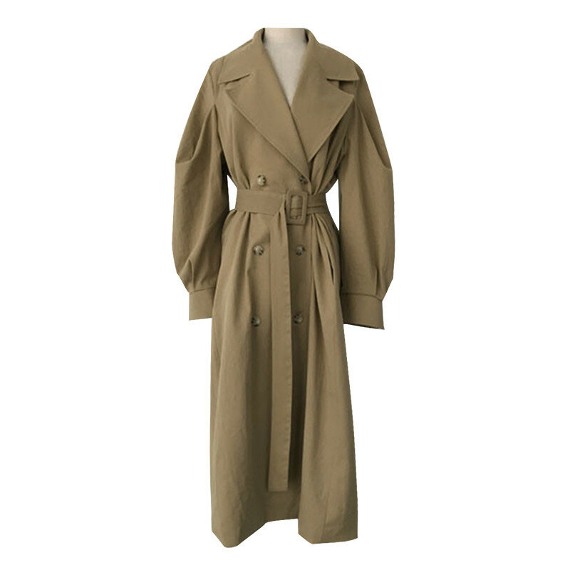 Женский двубортный тренчкот, Элегантное длинное пальто оверсайз, Корейская верхняя одежда, подиумная ветровка, осень 2021