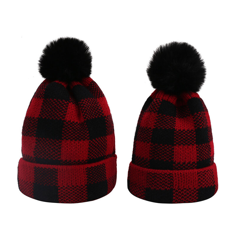 아기 겨울 양모 공 부모-자식 니트 모자 어린이 여성 빨간색과 검은 색 격자 무늬 크리스마스 따뜻한 캐주얼 모자 소년 소녀