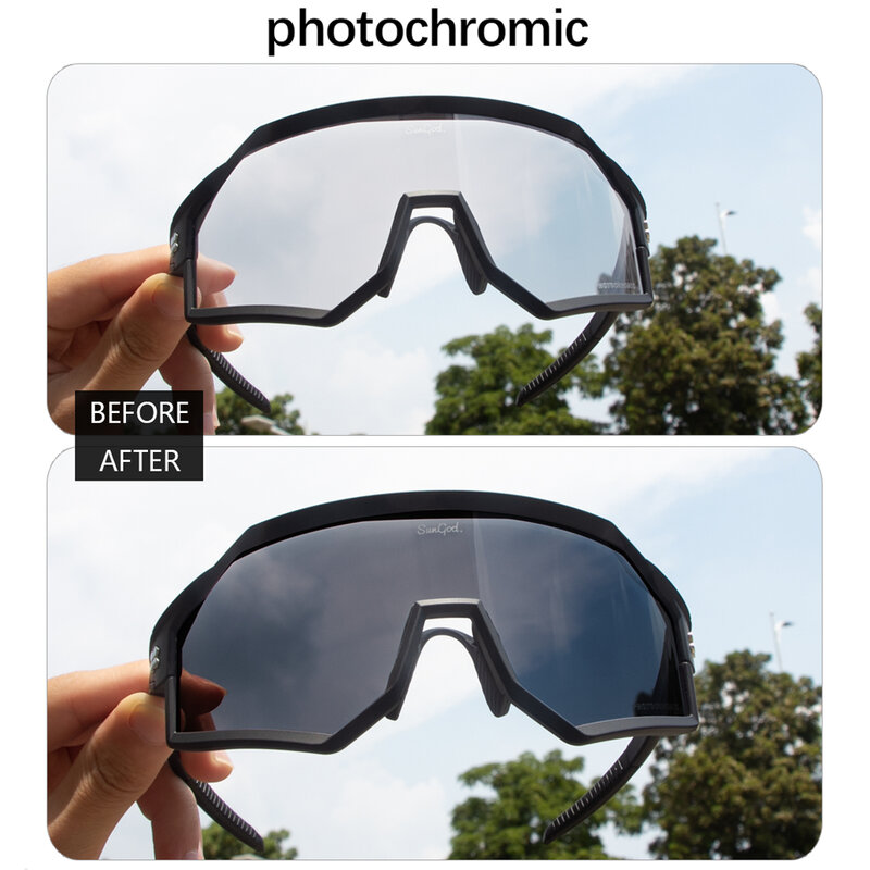 ยี่ห้อ SunGod แว่นตา Photochromic จักรยานแว่นตากีฬาแว่นตากันแดด MTB ขี่จักรยานแว่นตาป้องกันแว่นตา