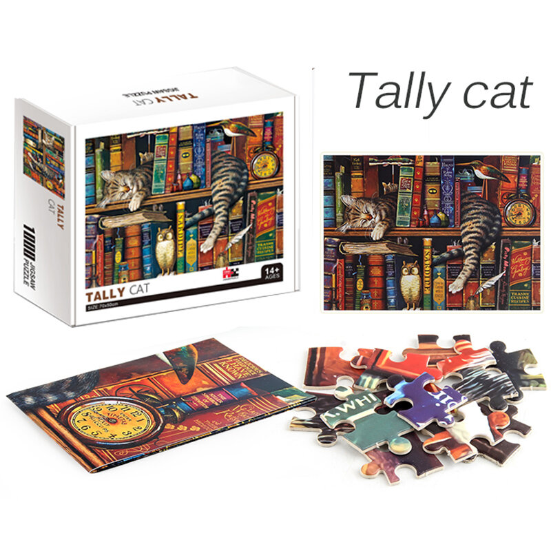 Puzzle paresseux chat animal 1000 pièces, Puzzle bibliothèque chat paysage bricolage jouets à assembler pour adultes enfants maison jeux cadeaux