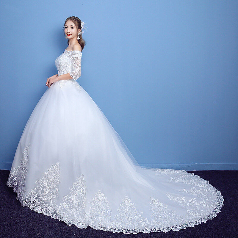 فستان زفاف 2021 جديد العروس الرئيسية فستان الزفاف كلمة الكتف الأوسط الأكمام الدانتيل ذيل كبير ضئيلة امرأة.