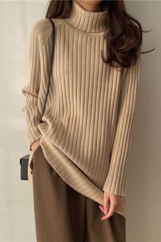 여성을위한 하이 칼라 두꺼운 스웨터 가을 겨울 2021 학생을위한 새로운 느슨한 피팅 니트 겉옷 하라주쿠 터틀넥
