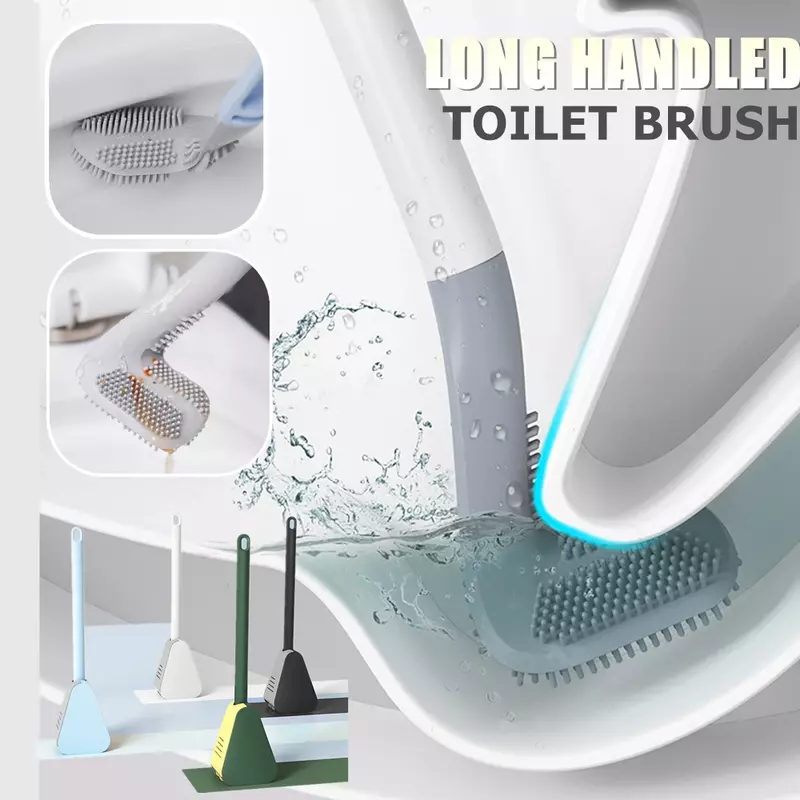 Escova de limpeza de banheiro de cabo longo, escova de banheiro de silicone de golfe, sem ponta morta, escova de limpeza de parede com base antivazamento