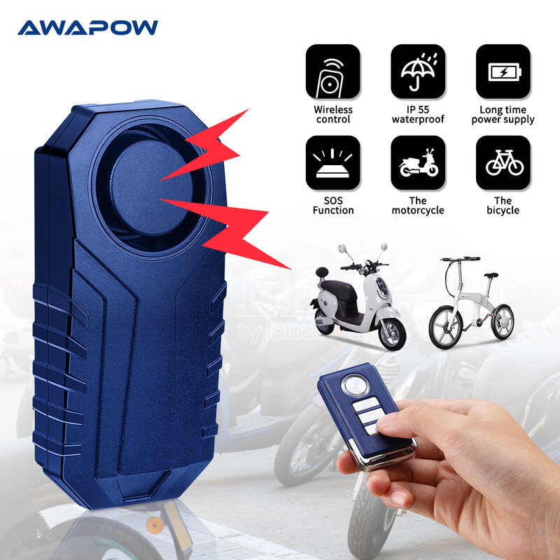 Awapow自転車盗難防止アラーム113dbワイヤレスリモコン振動検出アラーム自転車オートバイ用防水検出器