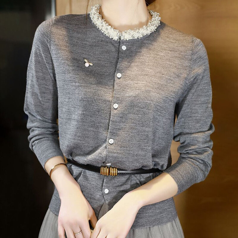 Женский однобортный Кардиган, мягкий вязаный свитер с длинным рукавом, украшенный бисером, 2021
