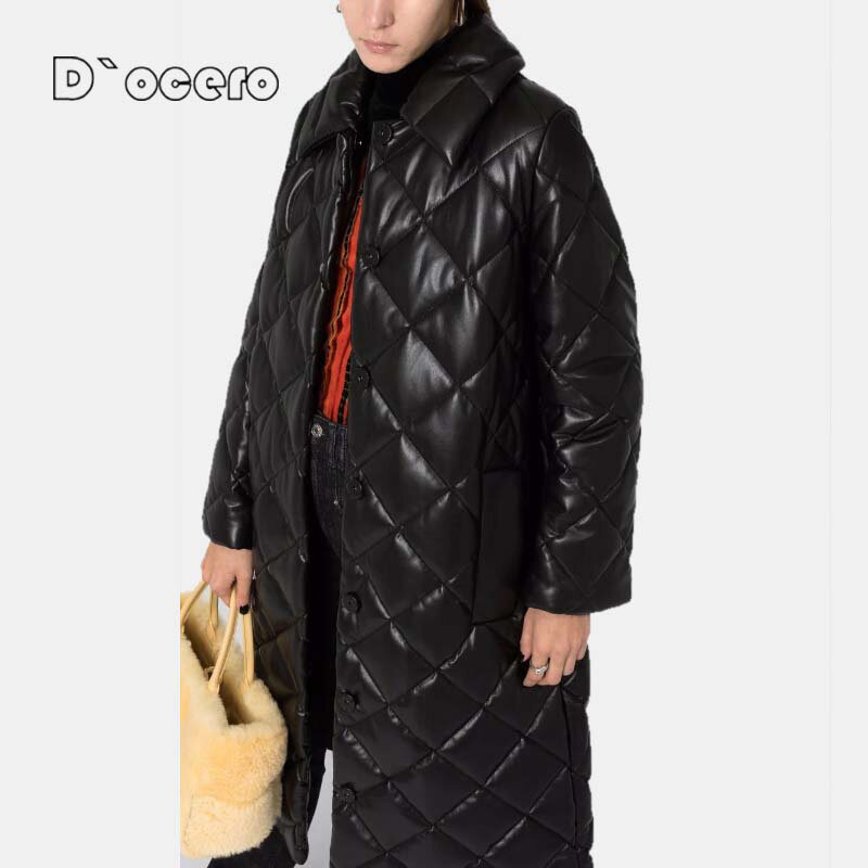 D'OCERO 2021 zima Faux skórzana kurtka kobiety długa, ciepła wiatroszczelna bawełna pikowany płaszcz PU ponadgabarytowych Femme odzieży wierzchniej Parka