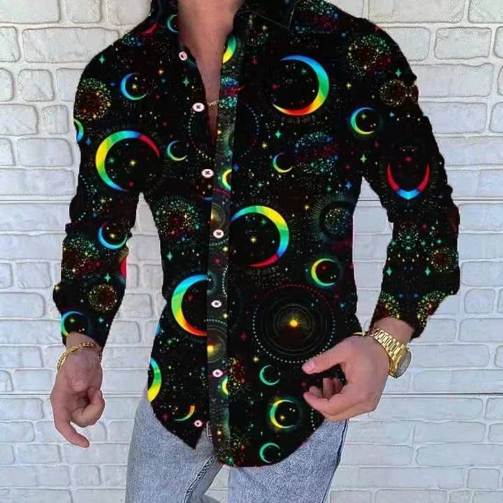 새로운 패션 트렌드 3D 프린트 컬러 피스 남성 슬림 셔츠, 가을 턴 다운 칼라 스트리트웨어 패션 투게더 긴 소매 셔츠 2021