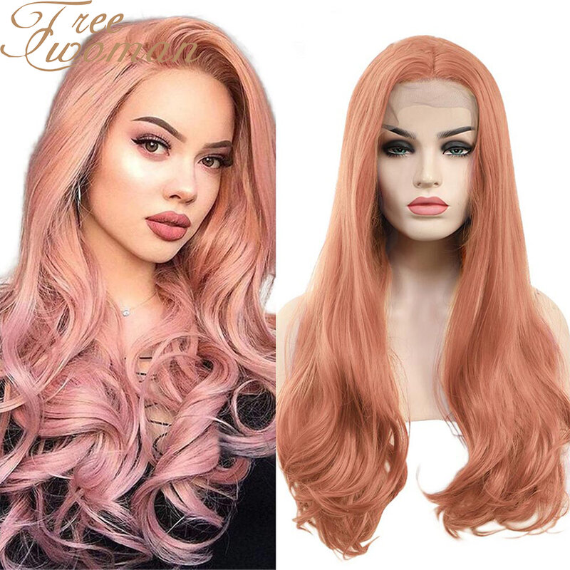 FREEWOMAN syntetyczna koronka peruka Front dla kobiet 24 Cal faliste peruki sztuczne włosy rozszerzenia odporne na ciepło fioletowy różowy blond peruka do Cosplay