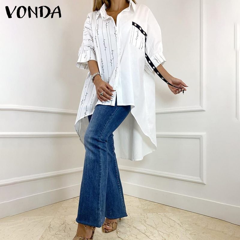 VONDA – chemise élégante pour femmes, demi manches, imprimé rayé, Sexy, ceinture, col à revers, hauts de fête irréguliers, 2021