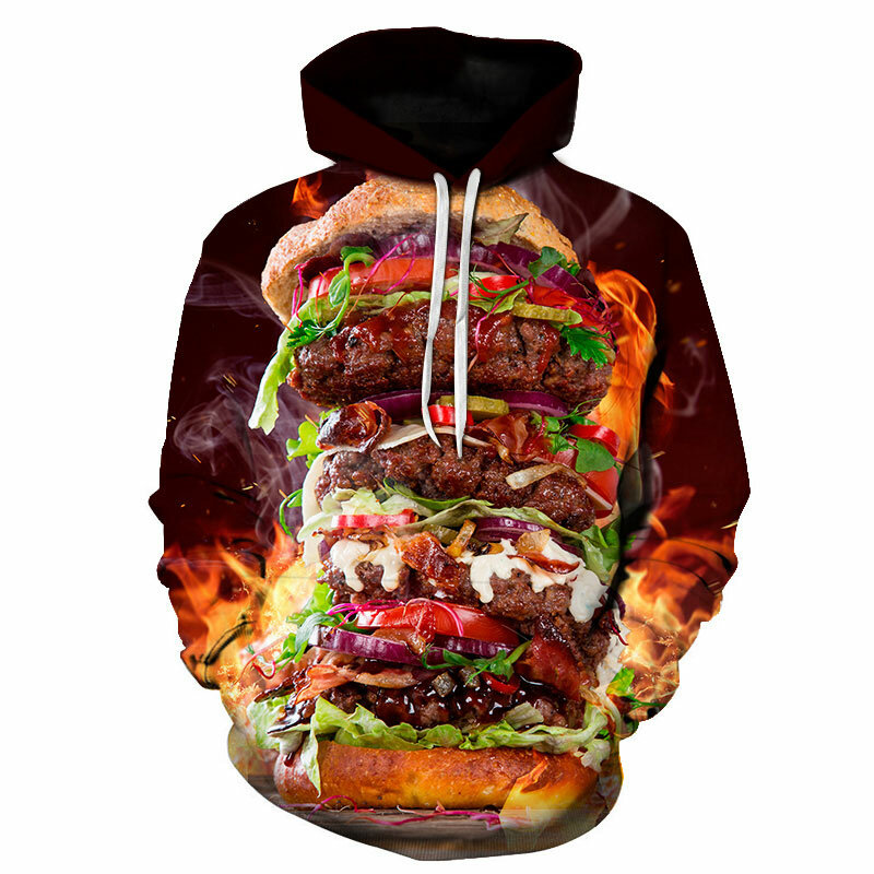 Sweat à capuche imprimé Hamburger 3D pour homme, tenue Hip HOP, manteaux, vêtements à la mode, sweat-shirt unisexe