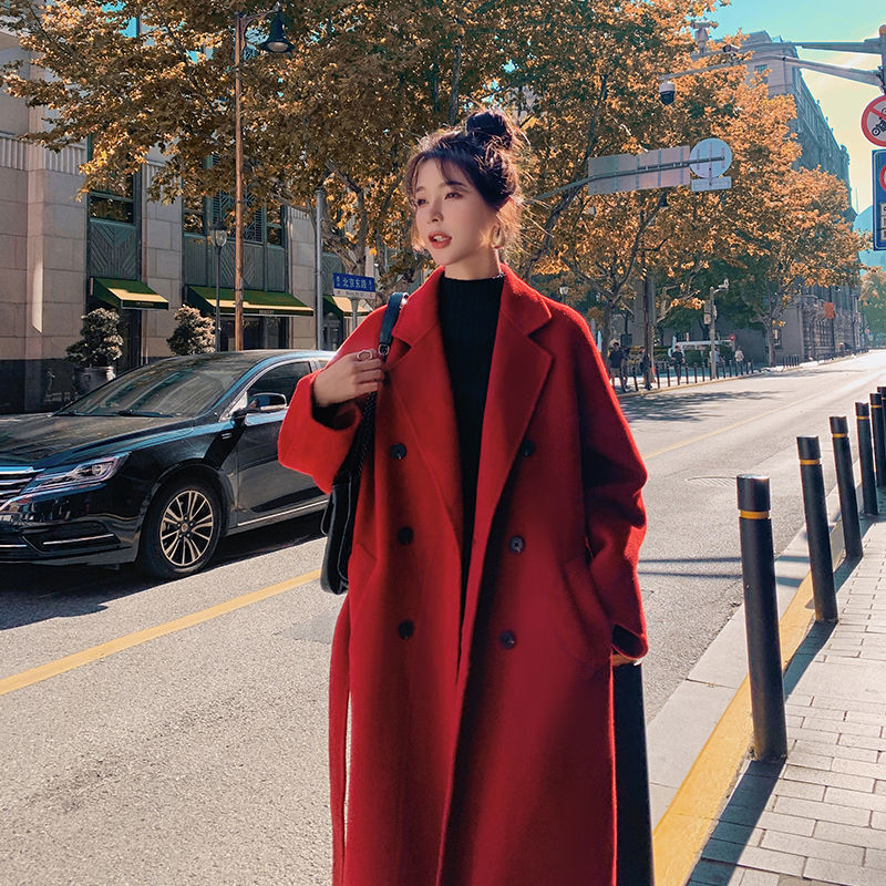 Korea Wanita Musim Semi Musim Gugur Hitam Longgar Panjang Wol Mantel Jaket Sabuk Wol Mantel Hem Perpecahan Kardigan Pakaian Luar 3XL